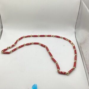 Red Rolled Paper and Gold Beaded Women's Necklace 16”